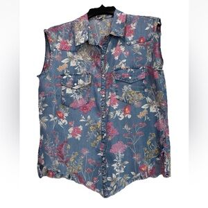 KUT FROM THE KLOTH Denim Lightweight Floral Hippie Western Snap Top Size M